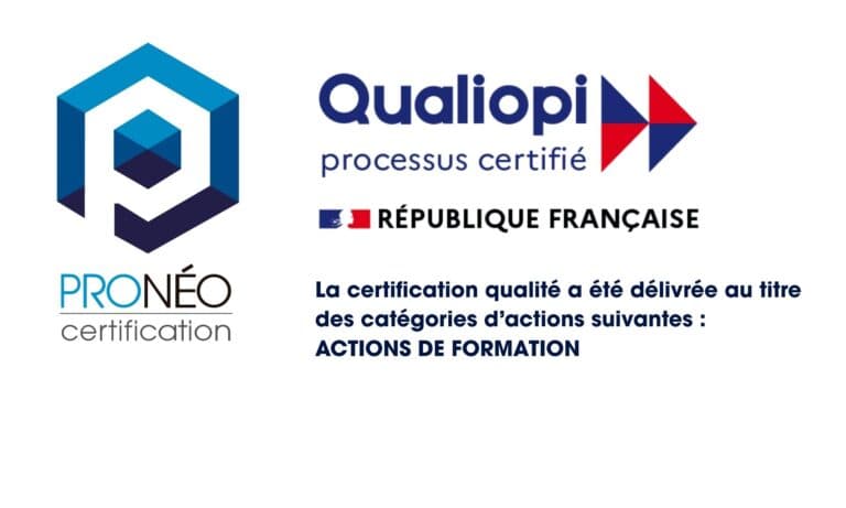 Certification Qualiopi délivrée par Pronéo Certification. La certification qualité a été délivrée au titre de la catégorie d’actions suivante : actions de formation.